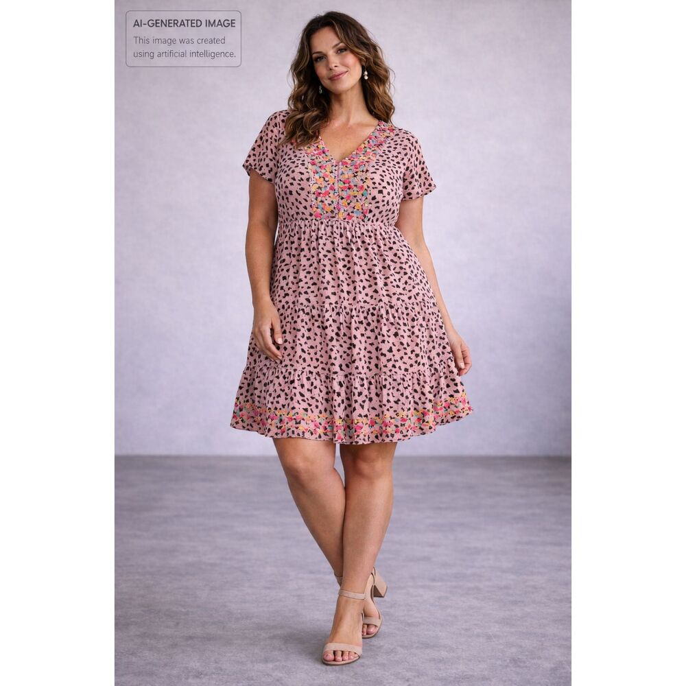 Savanna Jane Pink Embroidered Leopard Print Dress Boho Tunic 2X